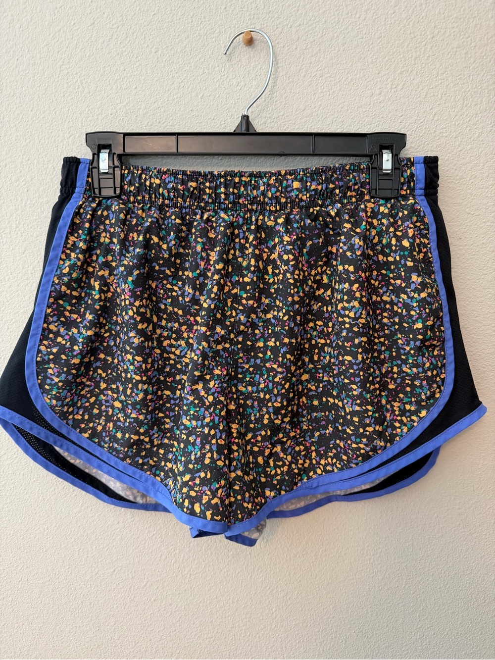 Nike Black Floral Speckle Athletic Shorts with Blue Trim
